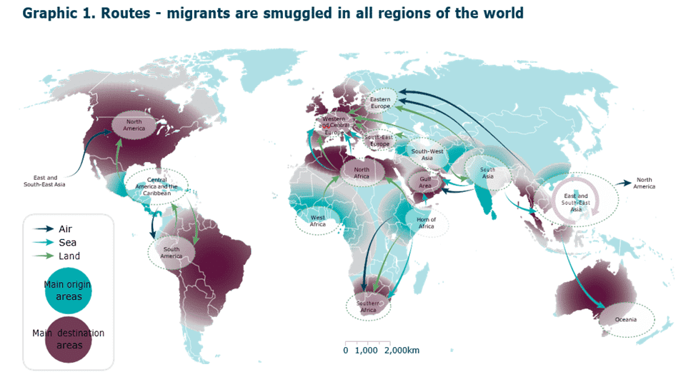 Map of global migrant smuggling routes by region.